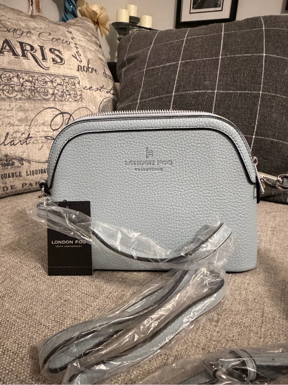 London Fog Light Blue Pebbled Dome Crossbody with Silver Hardware - Picture 2 of 5